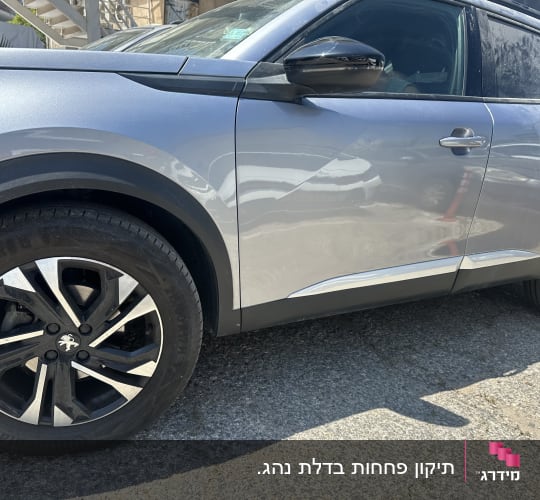 צד רכב עם גלגלים וסמל יצרן על חישוק